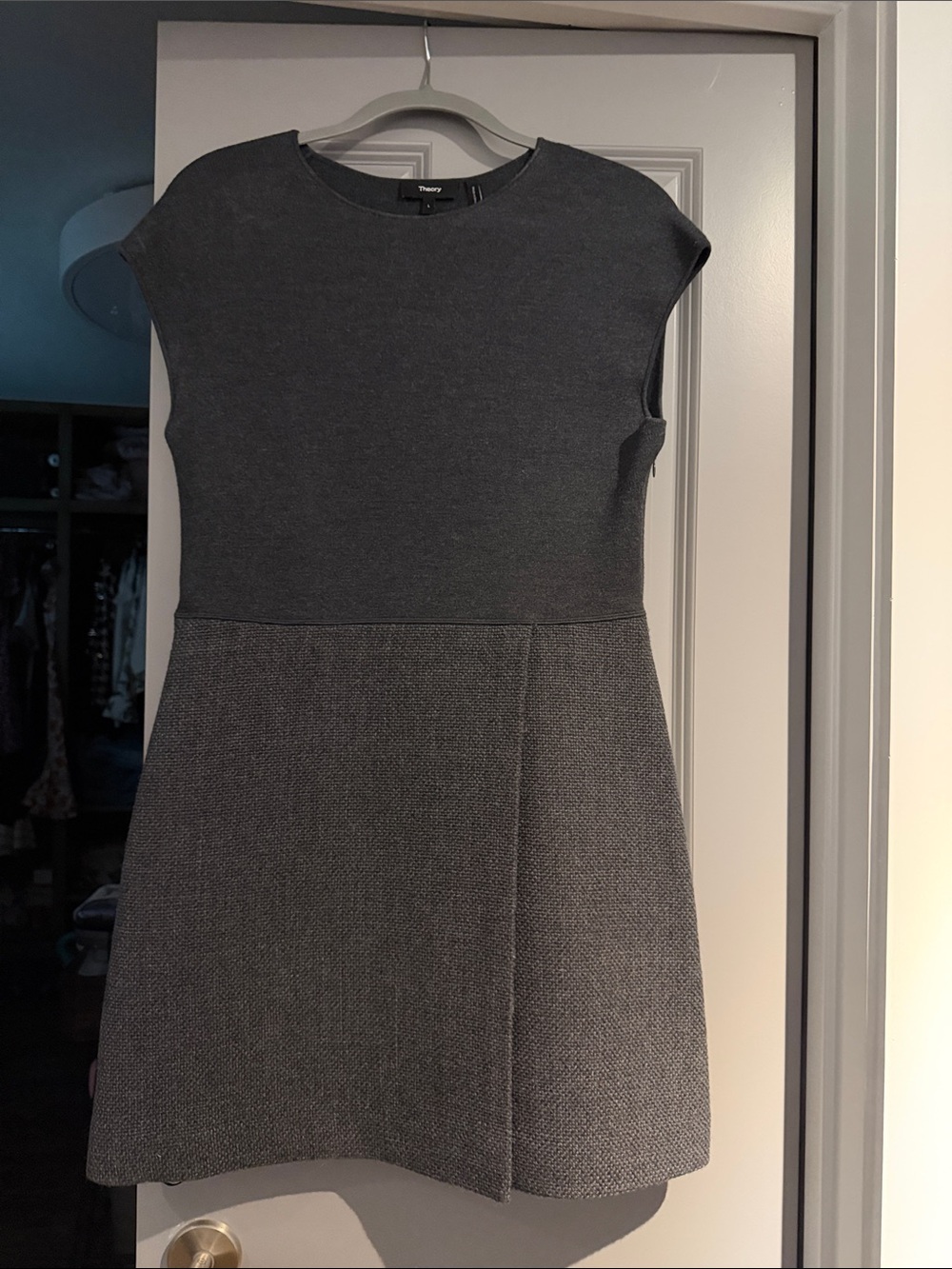 Theory Charcoal Textured Cap-Sleeve Mini Dress